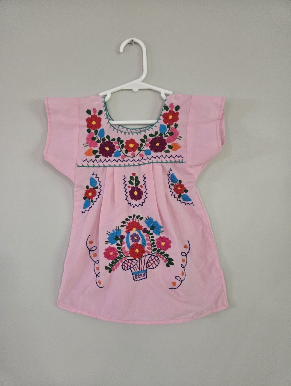 Mexican Hand-Embroidered Toddler Dress Pink Floral Approx. 18M, Unbranded